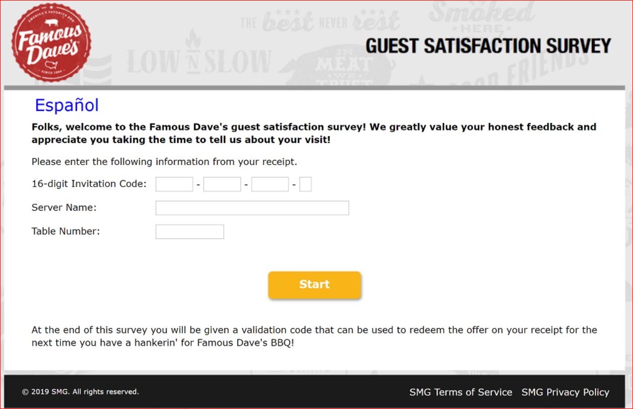 Famous Dave’s Feedback Survey