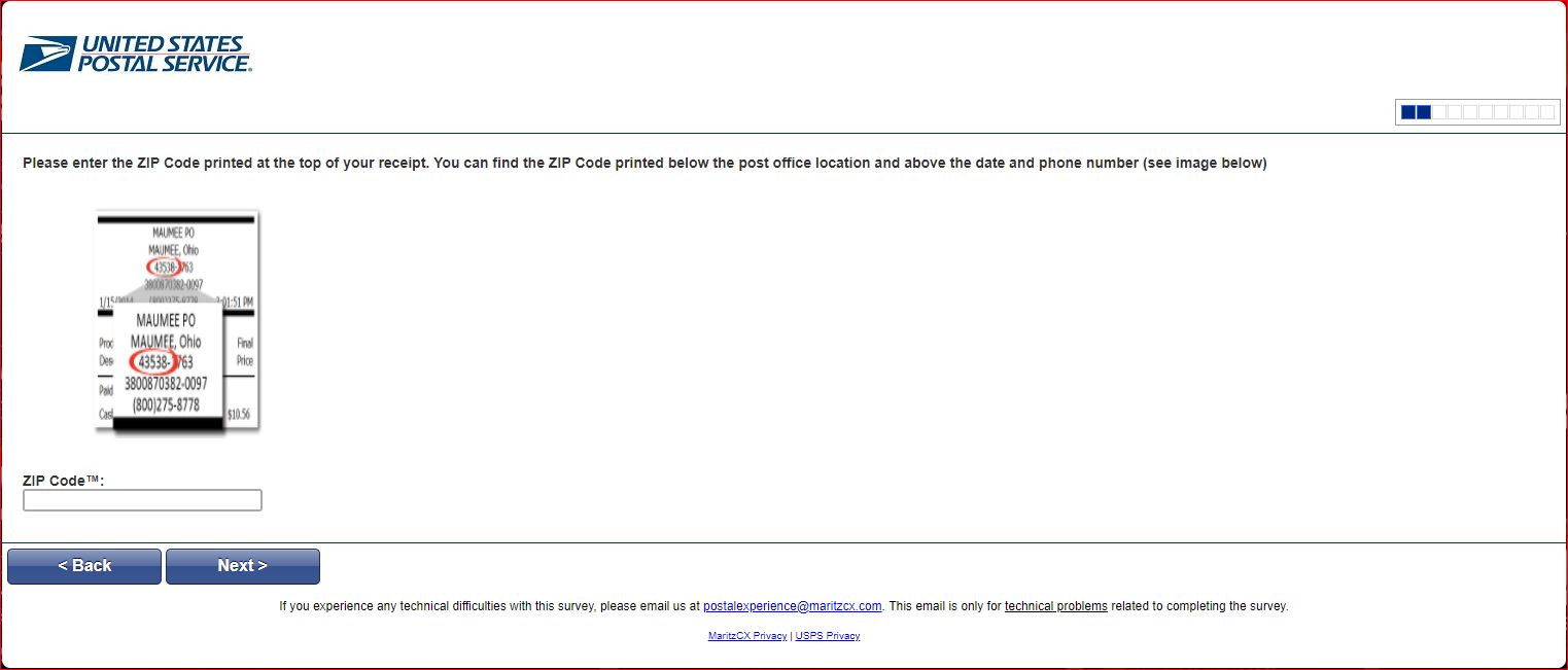 Enter USPS Customer Survey zip code